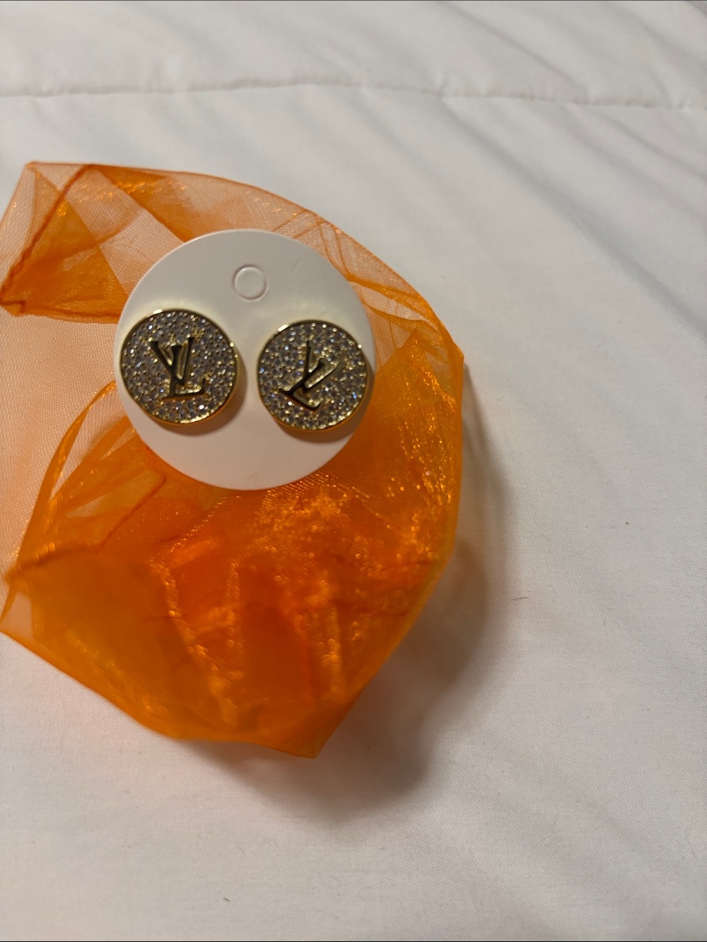 Gold Tone Crystal Disc Logo Stud Earrings - Designer Inspired